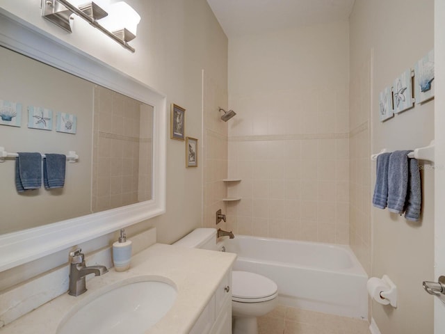 bathroom with tile patterned flooring, shower / bath combination, vanity, and toilet