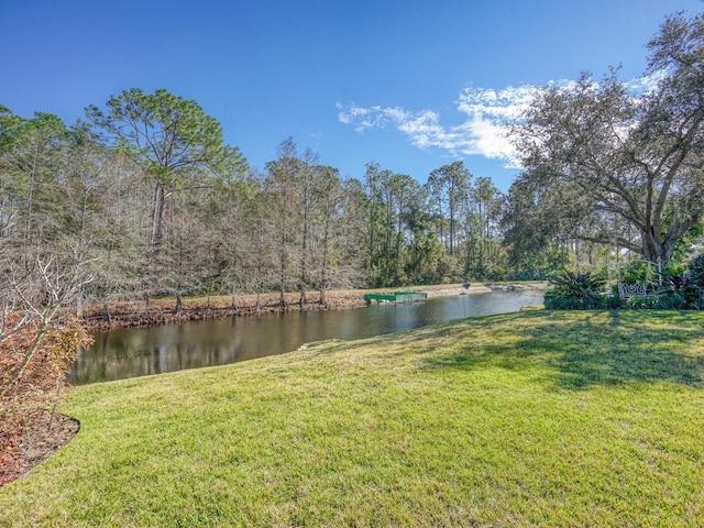 property view of water featuring a forest view