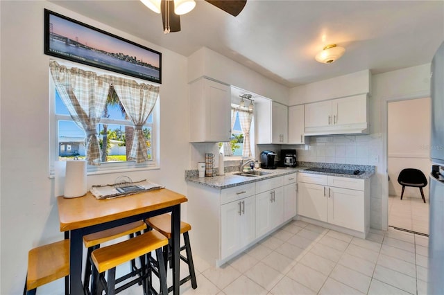 kitchen featuring tasteful backsplash, white cabinets, black electric stovetop, under cabinet range hood, and a sink