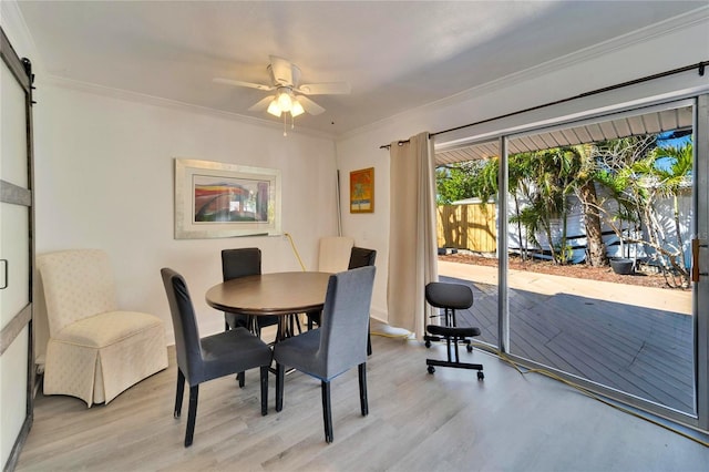 dining area with ceiling fan, light wood finished floors, and crown molding