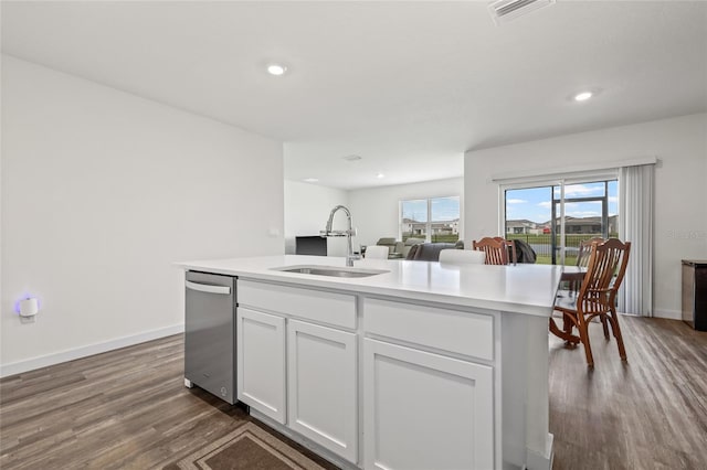 kitchen featuring a sink, visible vents, white cabinets, stainless steel dishwasher, and dark wood-style floors