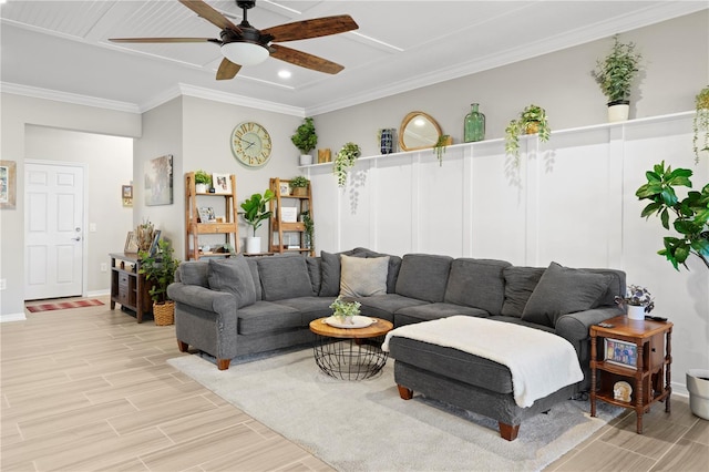 living room featuring ornamental molding, recessed lighting, baseboards, ceiling fan, and wood tiled floor