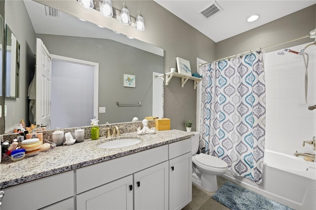 bathroom with visible vents, shower / bath combination with curtain, toilet, and vanity