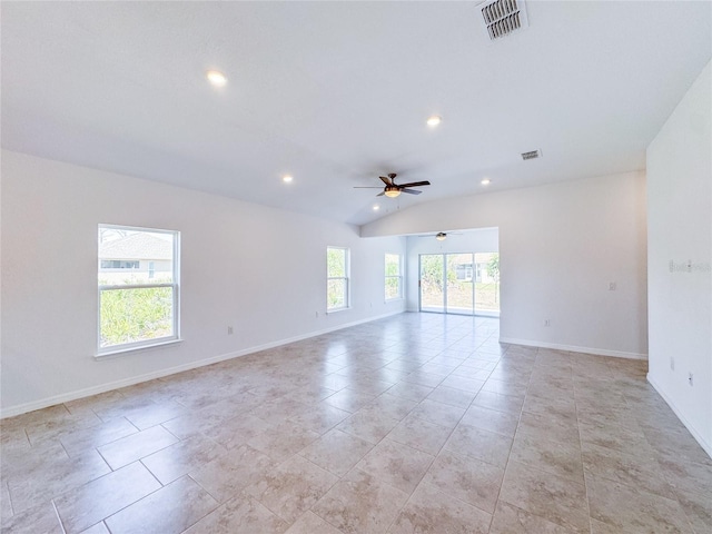 empty room featuring ceiling fan, recessed lighting, visible vents, baseboards, and vaulted ceiling