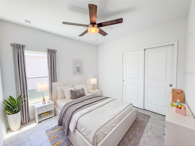 bedroom featuring a ceiling fan and a closet