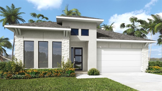 view of front of home featuring a garage, concrete driveway, stone siding, and stucco siding