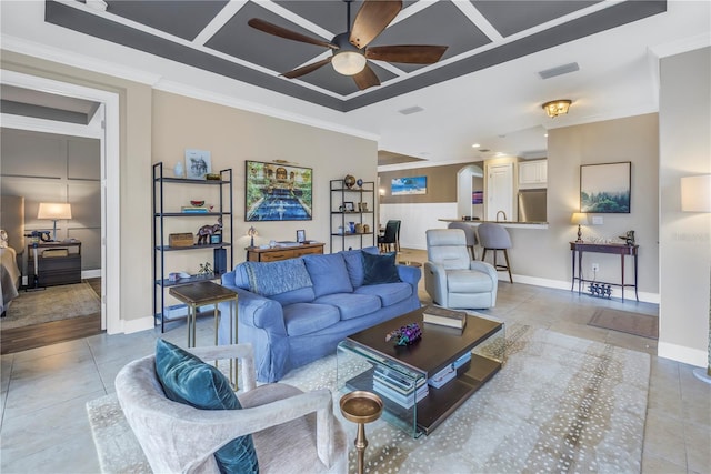 10446 Highland Park Pl, Palmetto, FL 34221 - tiled living area featuring a ceiling fan, crown molding, and baseboards