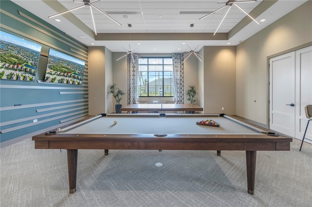 10446 Highland Park Pl, Palmetto, FL 34221 - playroom with a tray ceiling, carpet, billiards, baseboards, and a paneled ceiling
