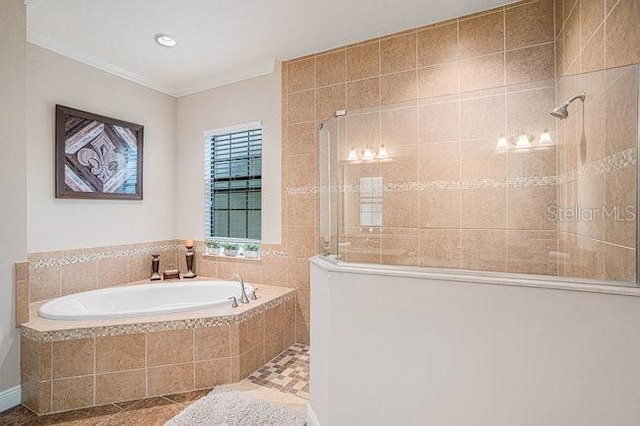 full bathroom featuring a walk in shower, ornamental molding, a bath, and tile patterned floors