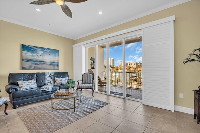 tiled living room featuring recessed lighting, a ceiling fan, baseboards, ornamental molding, and a view of city