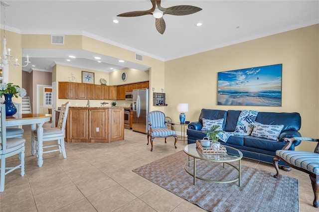 living room with recessed lighting, ceiling fan, visible vents, and light tile patterned flooring