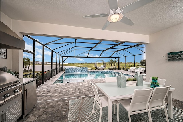 pool with a ceiling fan, area for grilling, a lanai, a patio area, and outdoor dining space