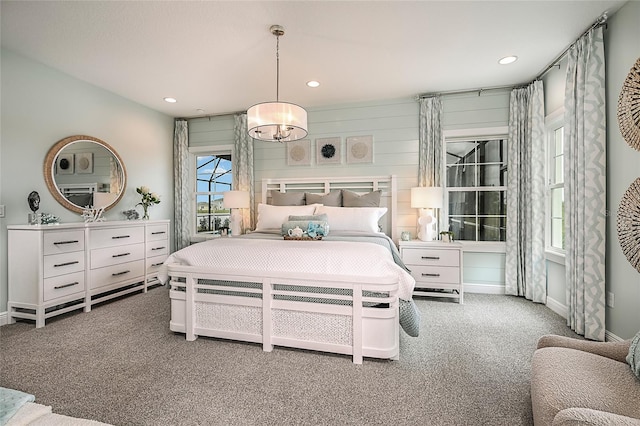 bedroom featuring carpet floors, baseboards, and recessed lighting