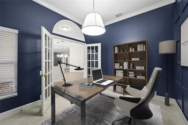 home office featuring french doors, visible vents, an inviting chandelier, ornamental molding, and baseboards