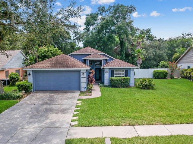 view of front of property featuring an attached garage, fence, a front lawn, and concrete driveway