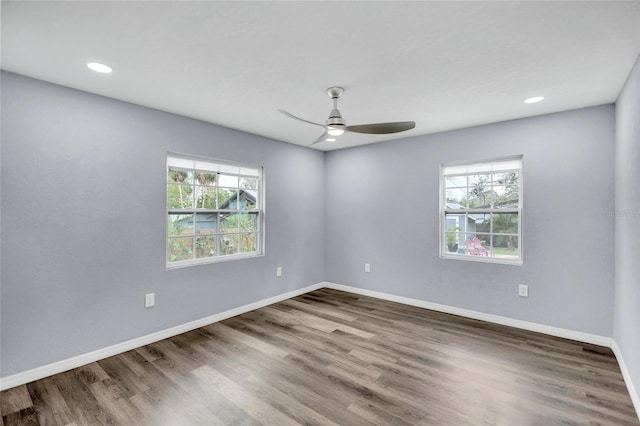 empty room featuring a healthy amount of sunlight, baseboards, and wood finished floors