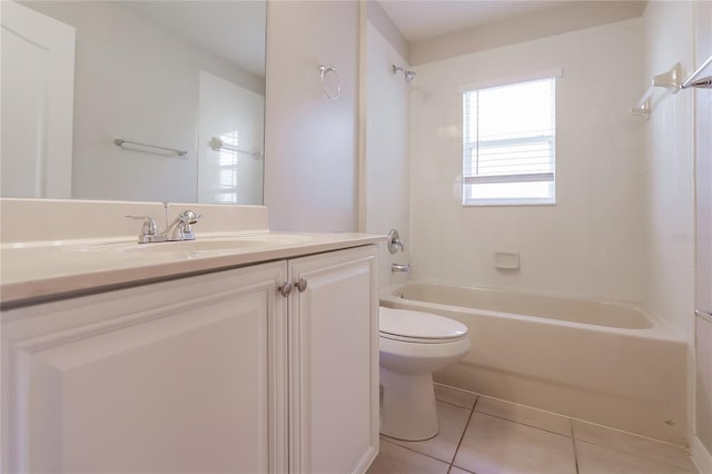 full bath featuring toilet, vanity, bathtub / shower combination, and tile patterned floors