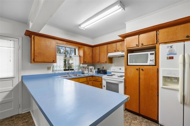 kitchen featuring white appliances, brown cabinetry, a peninsula, under cabinet range hood, and a sink