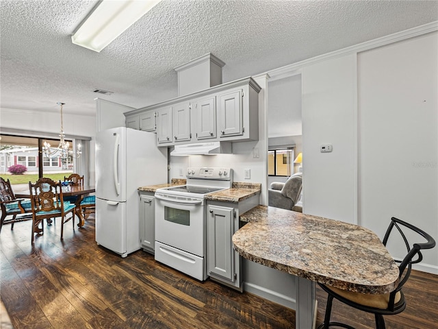 kitchen featuring a chandelier, under cabinet range hood, gray cabinetry, white appliances, and dark wood-type flooring