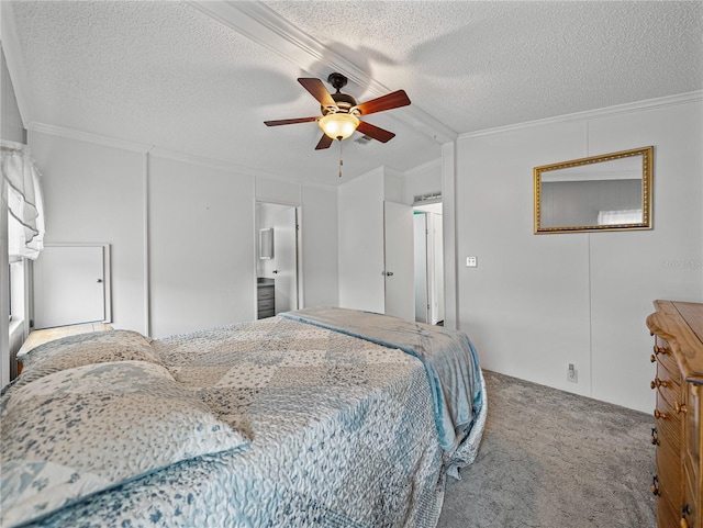 bedroom with carpet floors, a textured ceiling, and crown molding