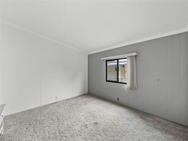 carpeted spare room featuring crown molding and a textured ceiling