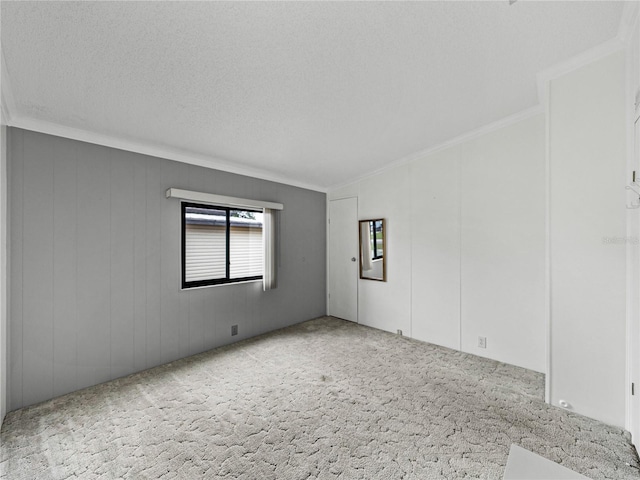 carpeted spare room with a textured ceiling and crown molding