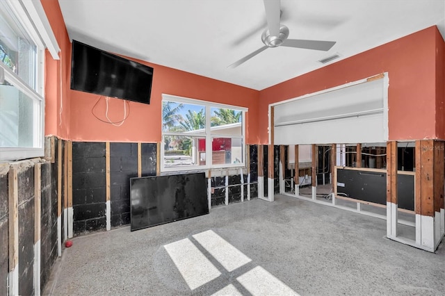 miscellaneous room featuring ceiling fan, visible vents, and speckled floor