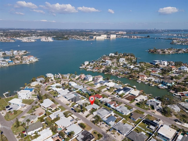 aerial view featuring a water view and a residential view