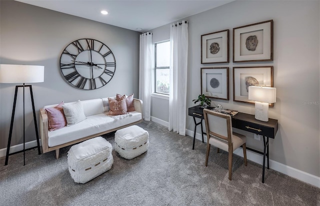 living room featuring baseboards, carpet flooring, and recessed lighting