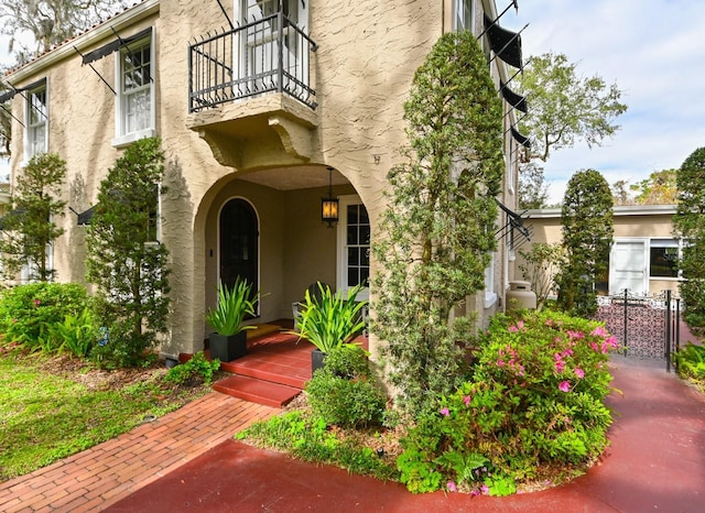 view of exterior entry with a balcony and stucco siding