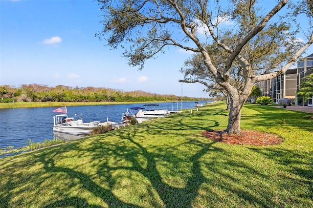 view of yard featuring a dock and a water view