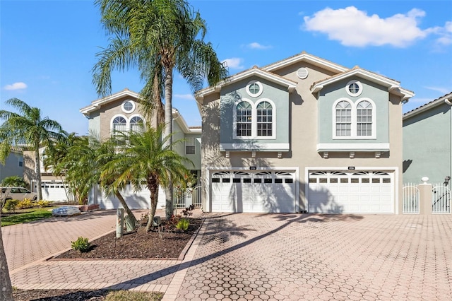 mediterranean / spanish-style house with a garage, decorative driveway, and stucco siding