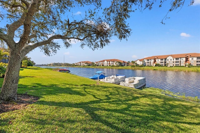 view of water feature with a boat dock