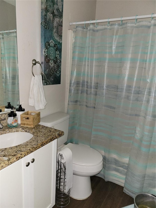 bathroom with vanity, toilet, and wood finished floors