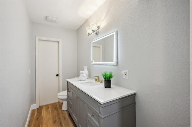 bathroom featuring vanity, toilet, and wood finished floors