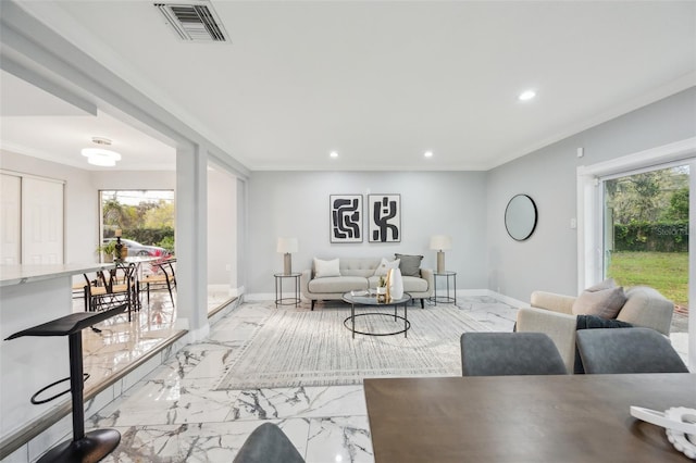 living room featuring marble finish floor, recessed lighting, visible vents, and baseboards