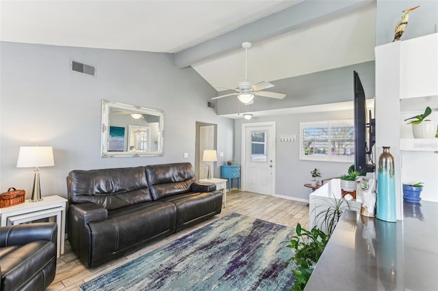 living room with lofted ceiling with beams, wood tiled floor, visible vents, and a ceiling fan