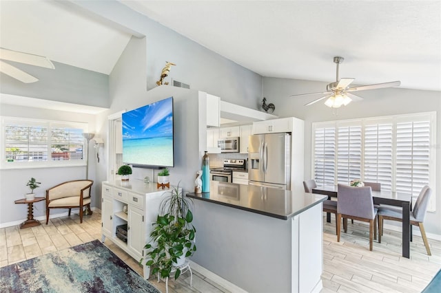 kitchen with appliances with stainless steel finishes, white cabinets, vaulted ceiling, and a ceiling fan