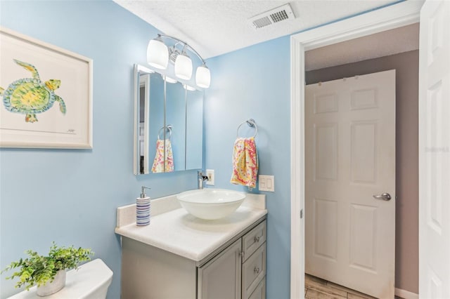 bathroom featuring a textured ceiling, wood finished floors, vanity, and visible vents