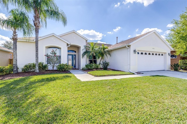 ranch-style house featuring a garage, concrete driveway, a front lawn, and stucco siding