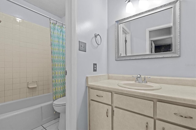 full bath featuring shower / bathtub combination with curtain, toilet, a textured ceiling, vanity, and tile patterned floors