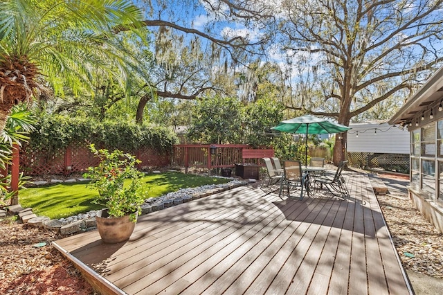 wooden deck featuring outdoor dining space, a lawn, and a fenced backyard