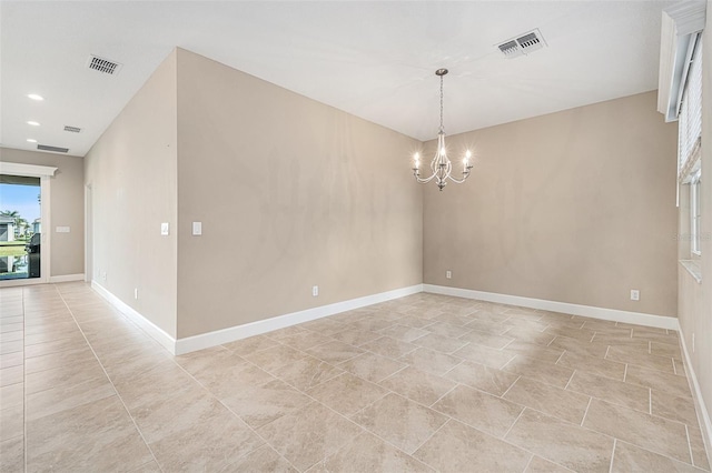 empty room with baseboards, recessed lighting, visible vents, and a notable chandelier