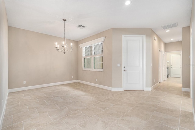 empty room featuring baseboards, visible vents, a chandelier, and recessed lighting