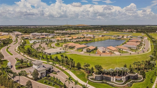 aerial view featuring a water view and a residential view