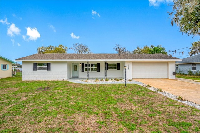 ranch-style home with a garage, driveway, a porch, and a front yard