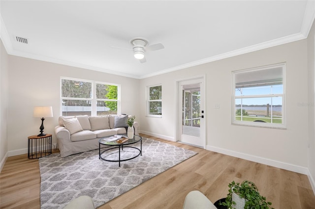 living room with visible vents, plenty of natural light, and crown molding