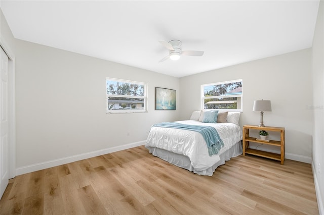 bedroom with baseboards, multiple windows, light wood-style floors, and a closet