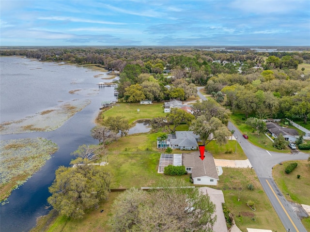 bird's eye view with a wooded view and a water view