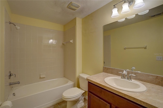 bathroom with a textured ceiling, toilet, shower / bath combination, and visible vents